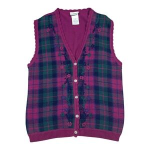 Vintage 90s Northern Reflections Plaid Flower Grandmacore Sweater Vest Women's L